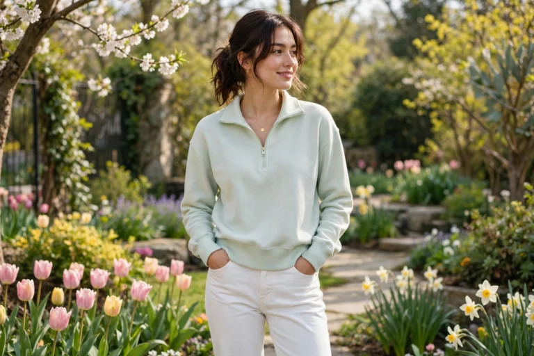 Spring quarter zip outfits - woman in light pastel quarter zip in spring garden